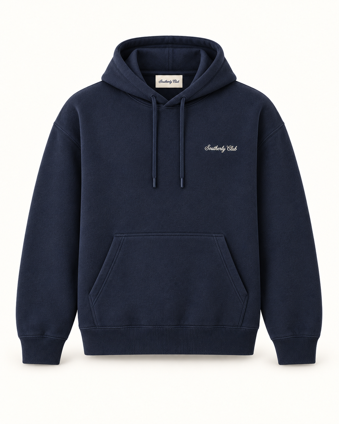 Southerly Club Navy club hoodie, front design preview