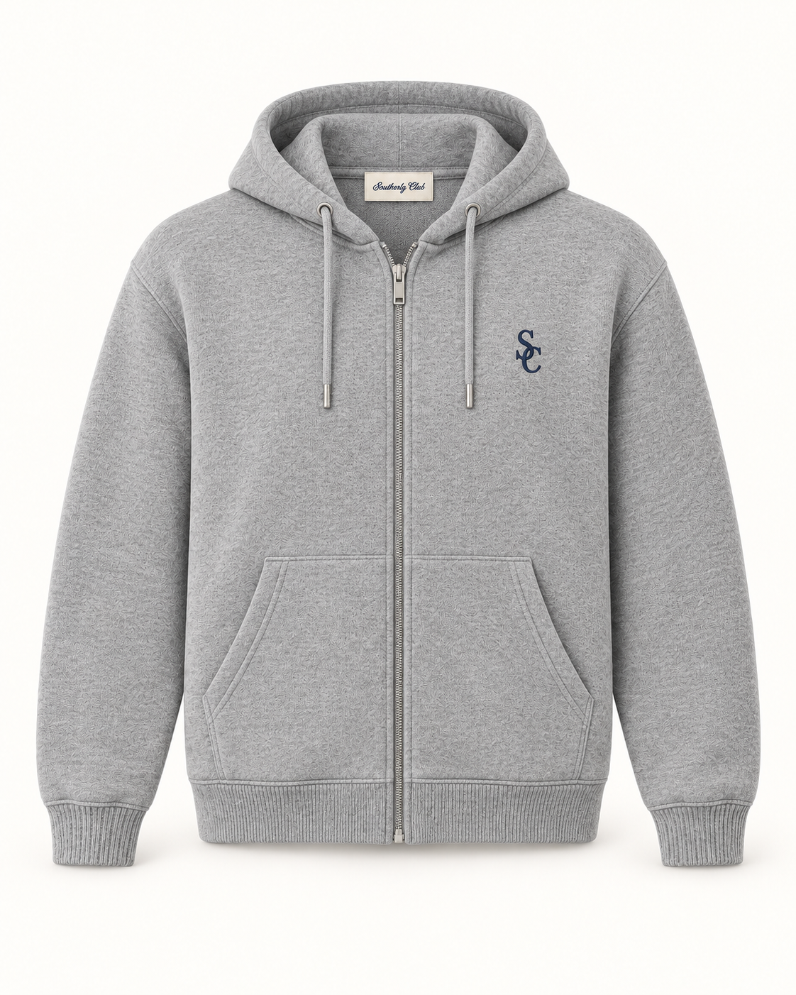 Southerly Club Grey zip club hoodie, front design preview
