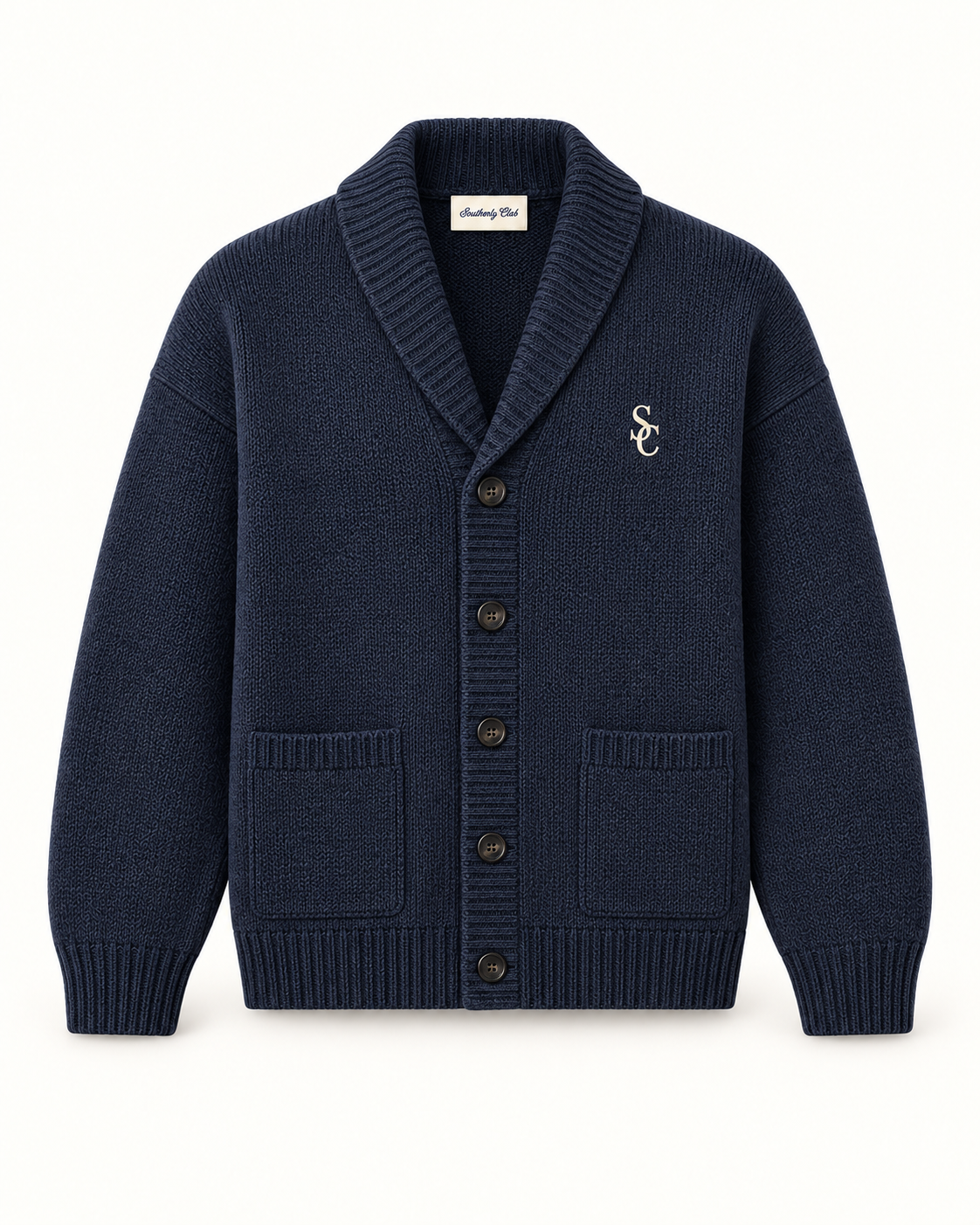 Southerly Club Navy shawl cardigan, front design preview