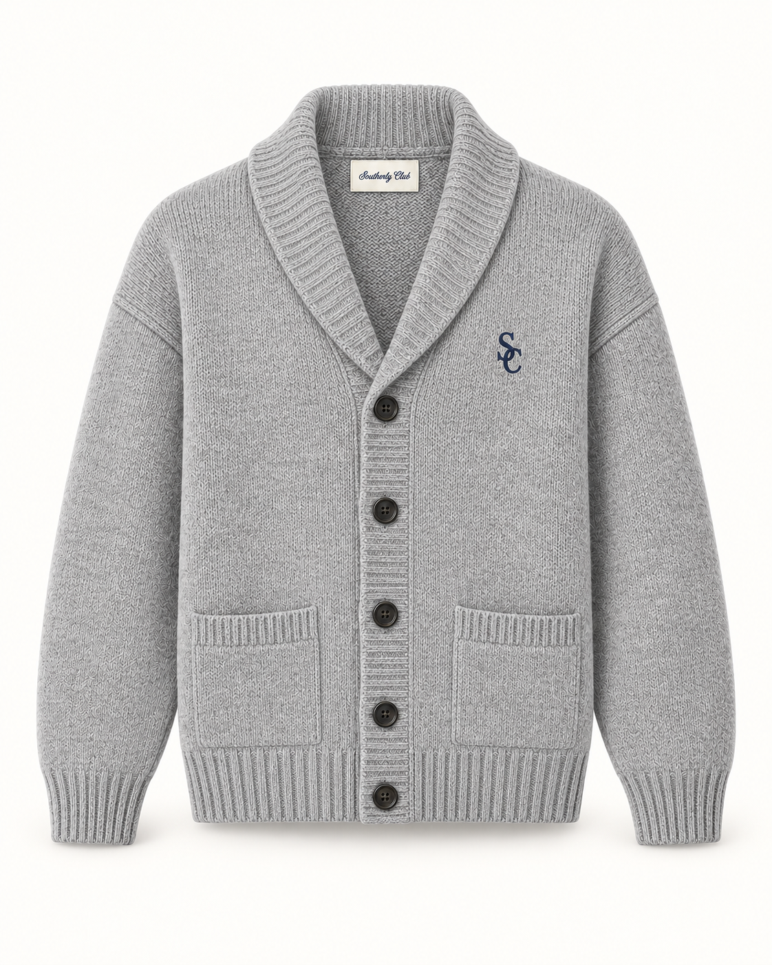 Southerly Club Grey shawl cardigan, front design preview