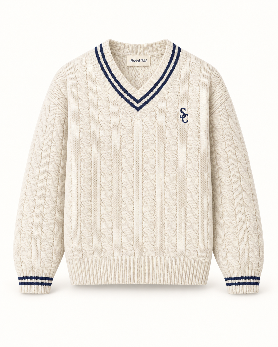Southerly Club Cream cable V-neck, front design preview