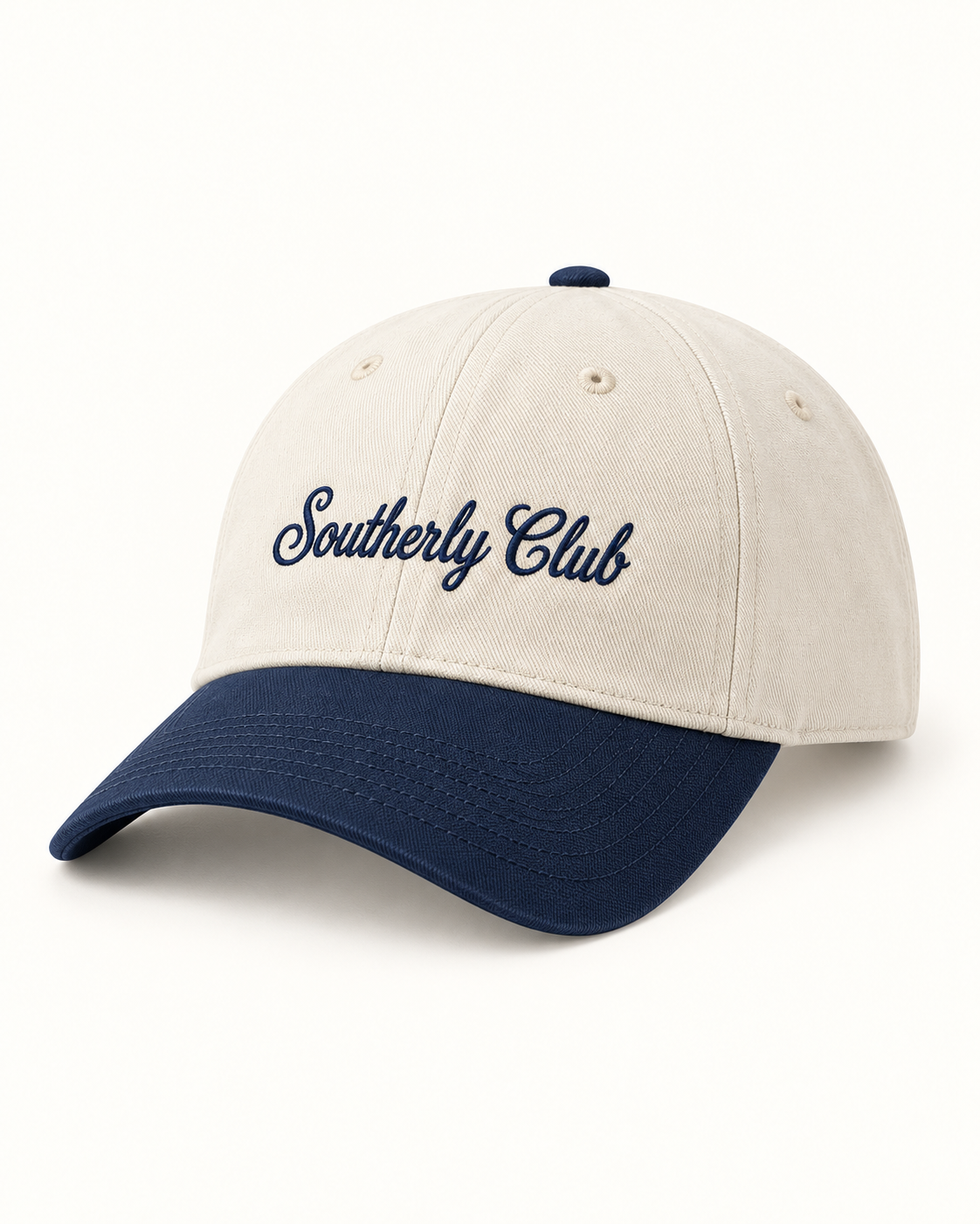 Southerly Club Cream navy script cap, front design preview
