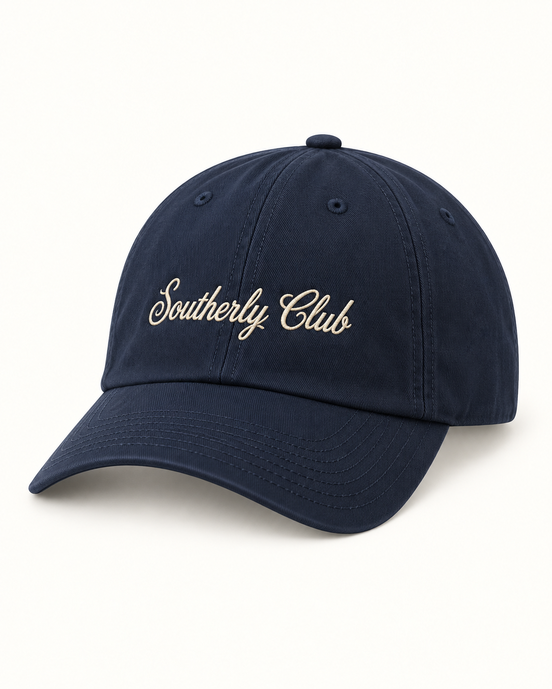 Southerly Club Navy script cap, front design preview