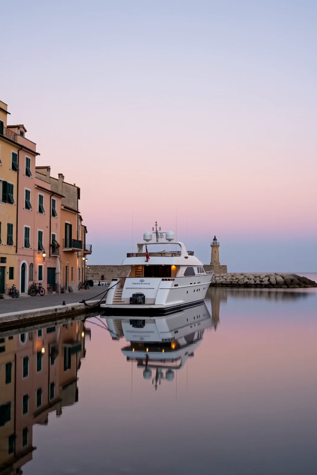 White yacht reflected in a quiet harbour at dusk.