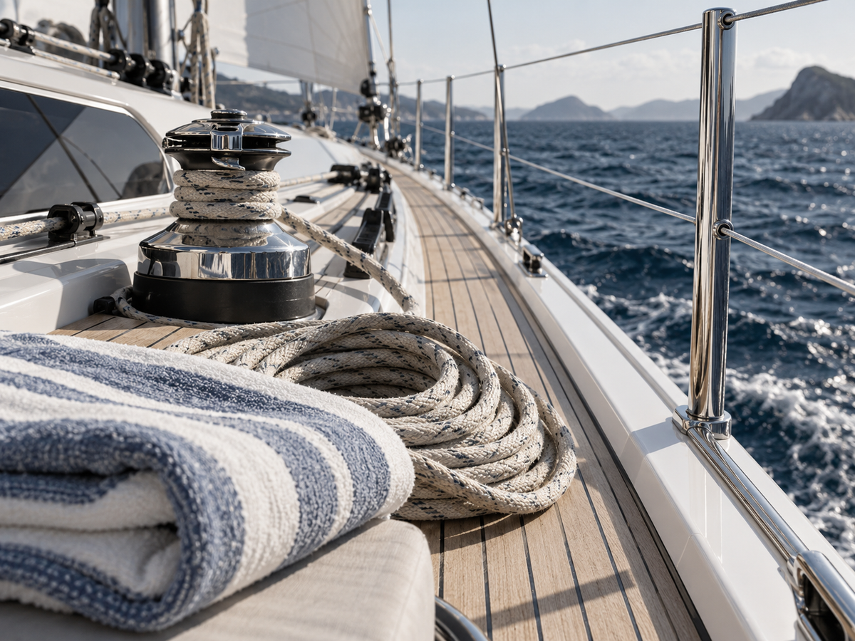 AI-generated campaign concept: silver yacht fittings, rope and blue-striped towel on deck.