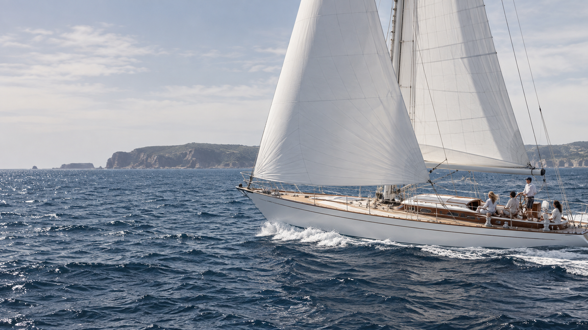 AI-generated sailing campaign concept: white yacht on deep blue water.
