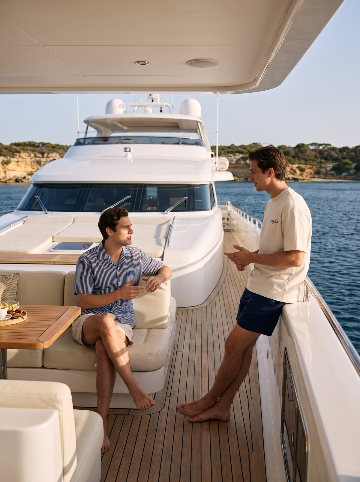 Digital campaign concept: Southerly Club striped shirt and cream tee campaign with two adult models on a white motor superyacht. Garment details and fit unconfirmed.