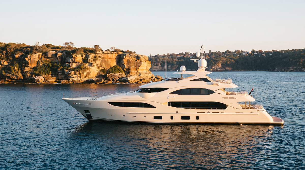 Digital Southerly coastal campaign concept: large white motor superyacht on navy water beside sandstone headland.