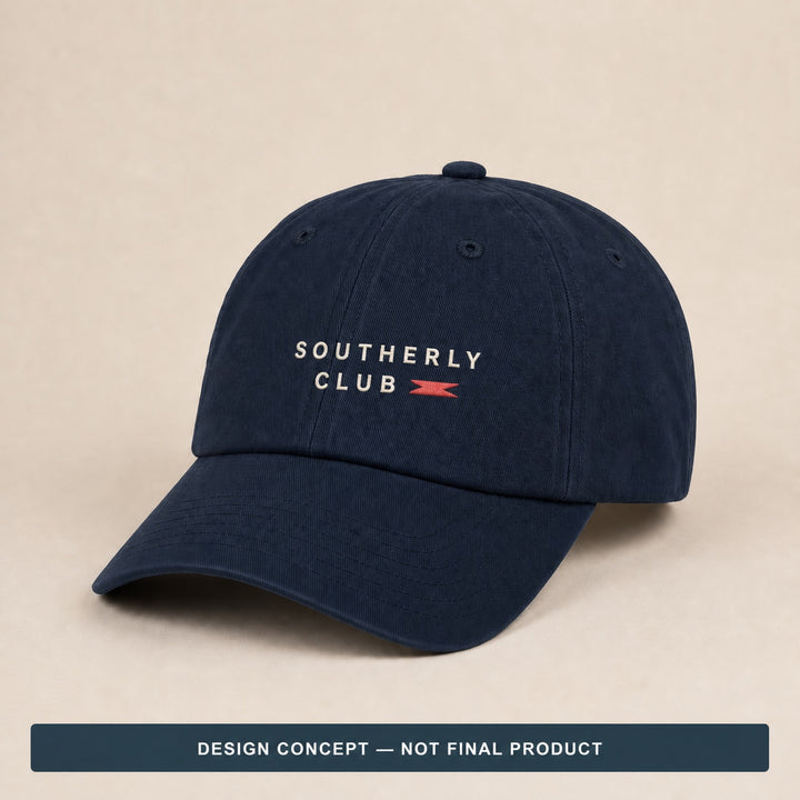 Navy Southerly Club cap redesign study, not a final product